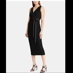 RALPH LAUREN Womens Black Tie Sleeveless V Neck Midi Sheath Dress